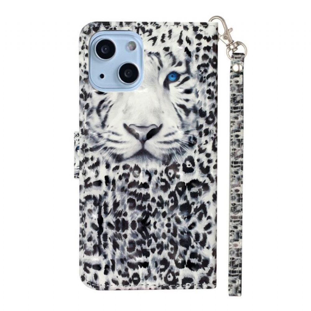 Flipové Pouzdro Na iPhone 15 Plus Na Lana 3d Leopard S Popruhem