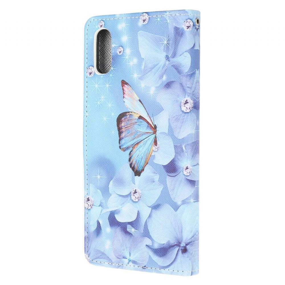 Kožené Pouzdro Na Xiaomi Redmi 9A Na Lana Motýli S Diamantovým Řemínkem