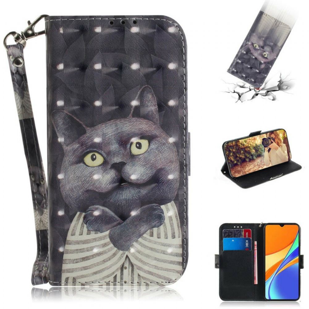 Flipové Pouzdro Na Xiaomi Redmi 9C Na Lana Šedá Strappy Cat