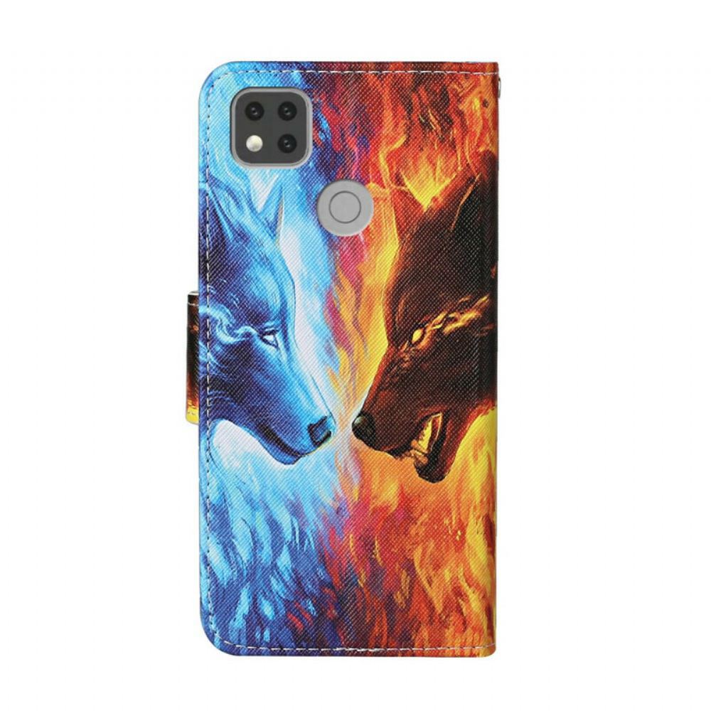 Flipové Pouzdro Na Xiaomi Redmi 9C Vlk Z Ledu A Ohně