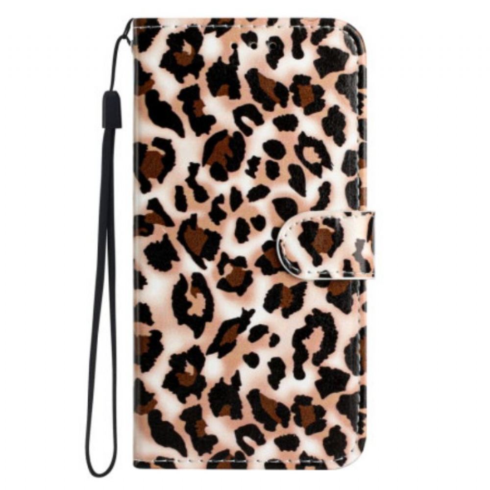 Flipové Pouzdro Na Moto G73 5G Na Lana Strappy Leopard Print