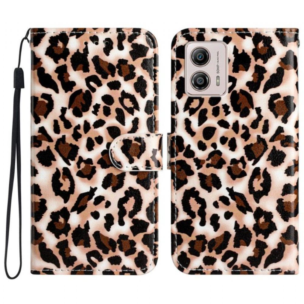 Flipové Pouzdro Na Moto G73 5G Na Lana Strappy Leopard Print