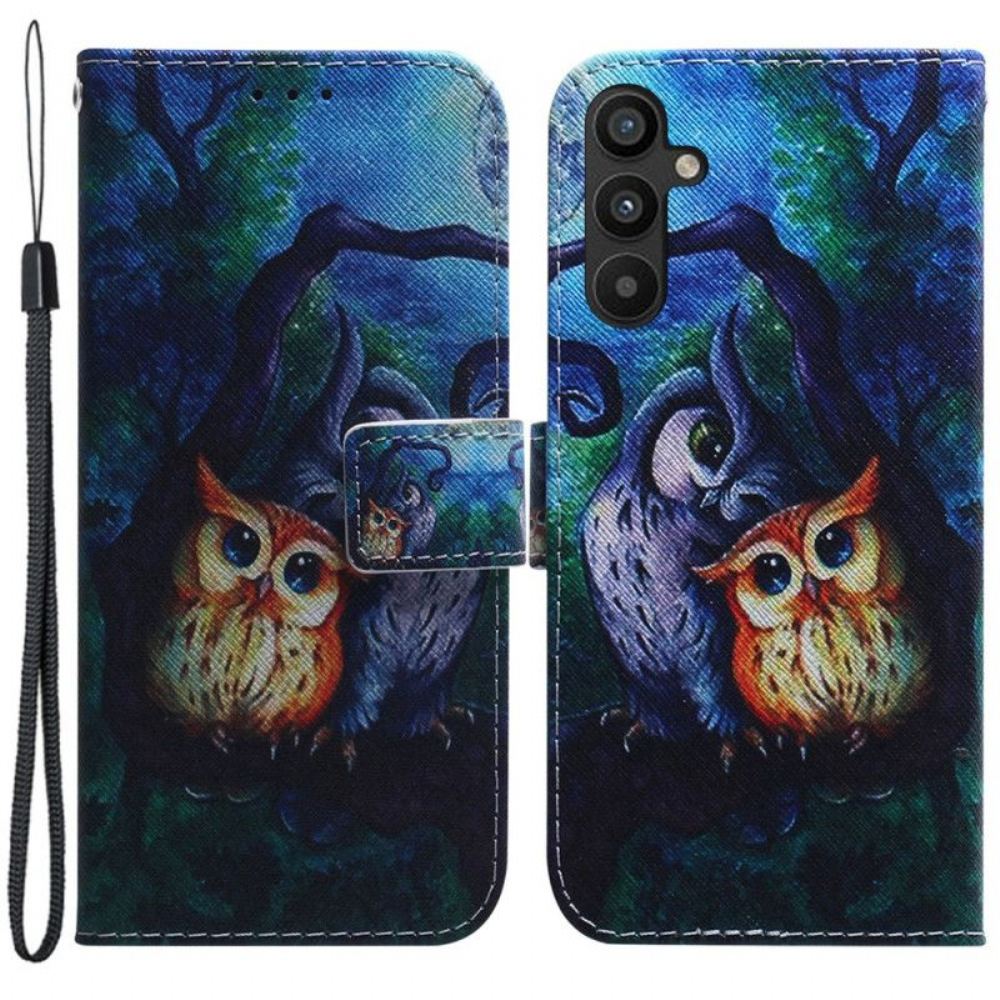 Flipové Pouzdro Na Samsung Galaxy A54 5G Na Lana Strappy Owls Malování