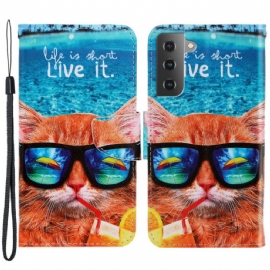 Flipové Pouzdro Na Samsung Galaxy S22 Plus 5G Na Lana Cat Live It Strappy