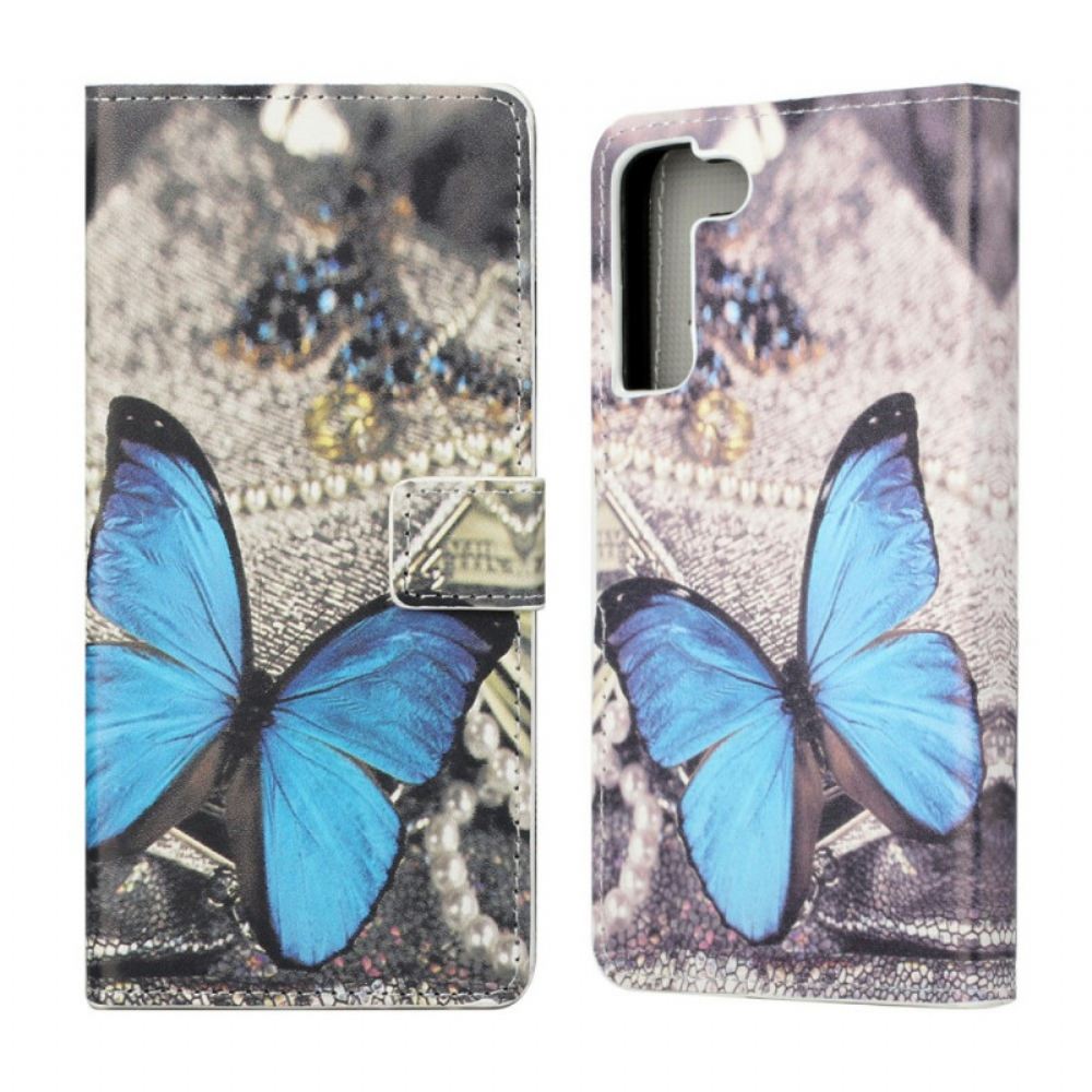 Kožené Pouzdro Na Samsung Galaxy S22 Plus 5G Blue Prestige Butterfly