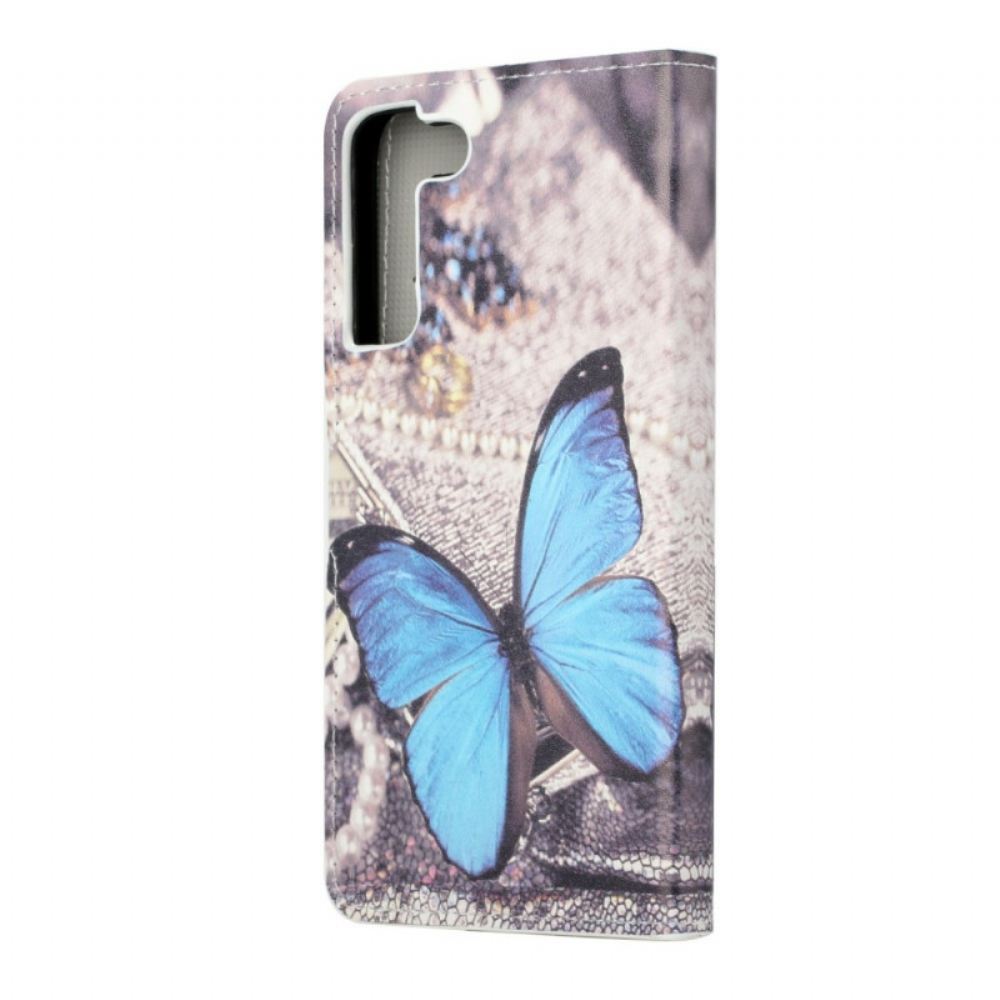 Kožené Pouzdro Na Samsung Galaxy S22 Plus 5G Blue Prestige Butterfly