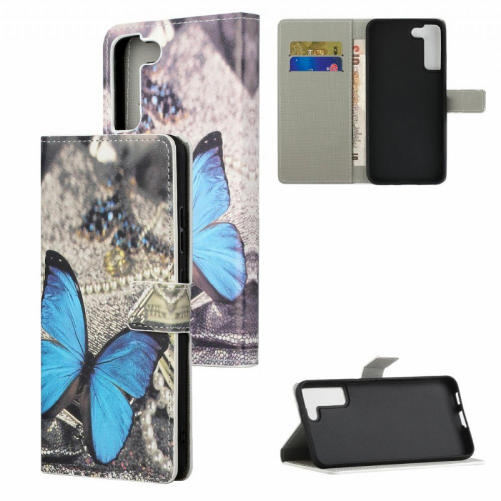 Kožené Pouzdro Na Samsung Galaxy S22 Plus 5G Blue Prestige Butterfly