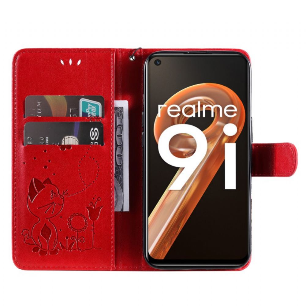 Kožené Pouzdro Na Realme 9i Na Lana Kočka A Motýl S Popruhem