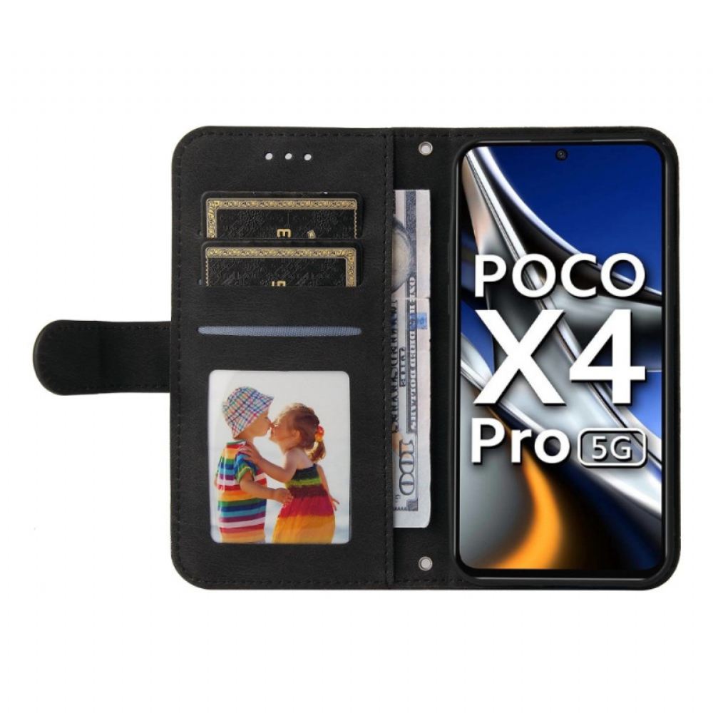 Flipové Pouzdro Na Poco X4 Pro 5G Nýt A Řemínek Z Imitace Kůže