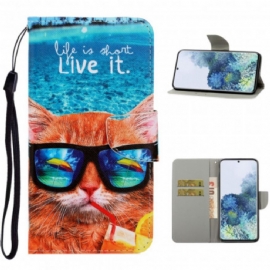 Flipové Pouzdro Na Samsung Galaxy S21 Ultra 5G Na Lana Cat Live It Strappy