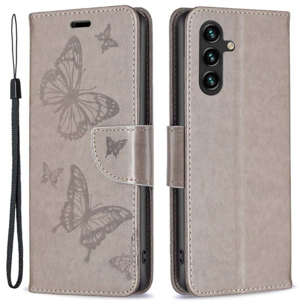 Flipové Pouzdro Na Samsung Galaxy A14 / A14 5G Na Lana Butterflies Printed Strappy