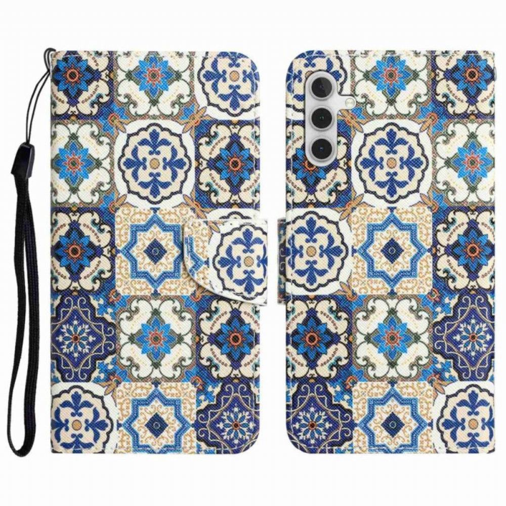 Flipové Pouzdro Na Samsung Galaxy A14 / A14 5G Na Lana Patchwork Na Řemínku