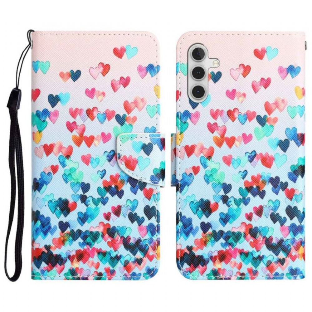 Flipové Pouzdro Na Samsung Galaxy A14 / A14 5G Na Lana Strappy Hearts Rain