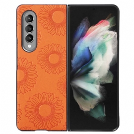 Kryt Na Samsung Galaxy Z Fold 4 Slunečnicový Vzor Potažený Imitací Kůže