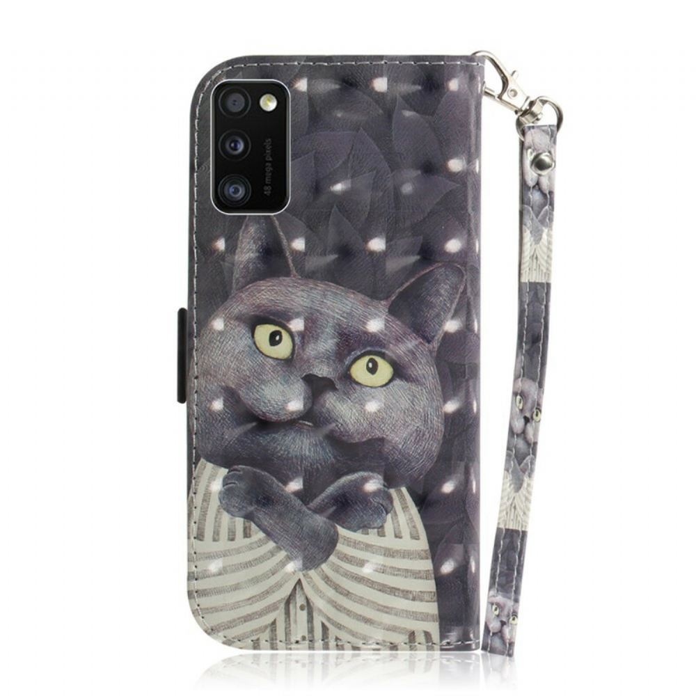 Flipové Pouzdro Na Samsung Galaxy A41 Na Lana Šedá Strappy Cat