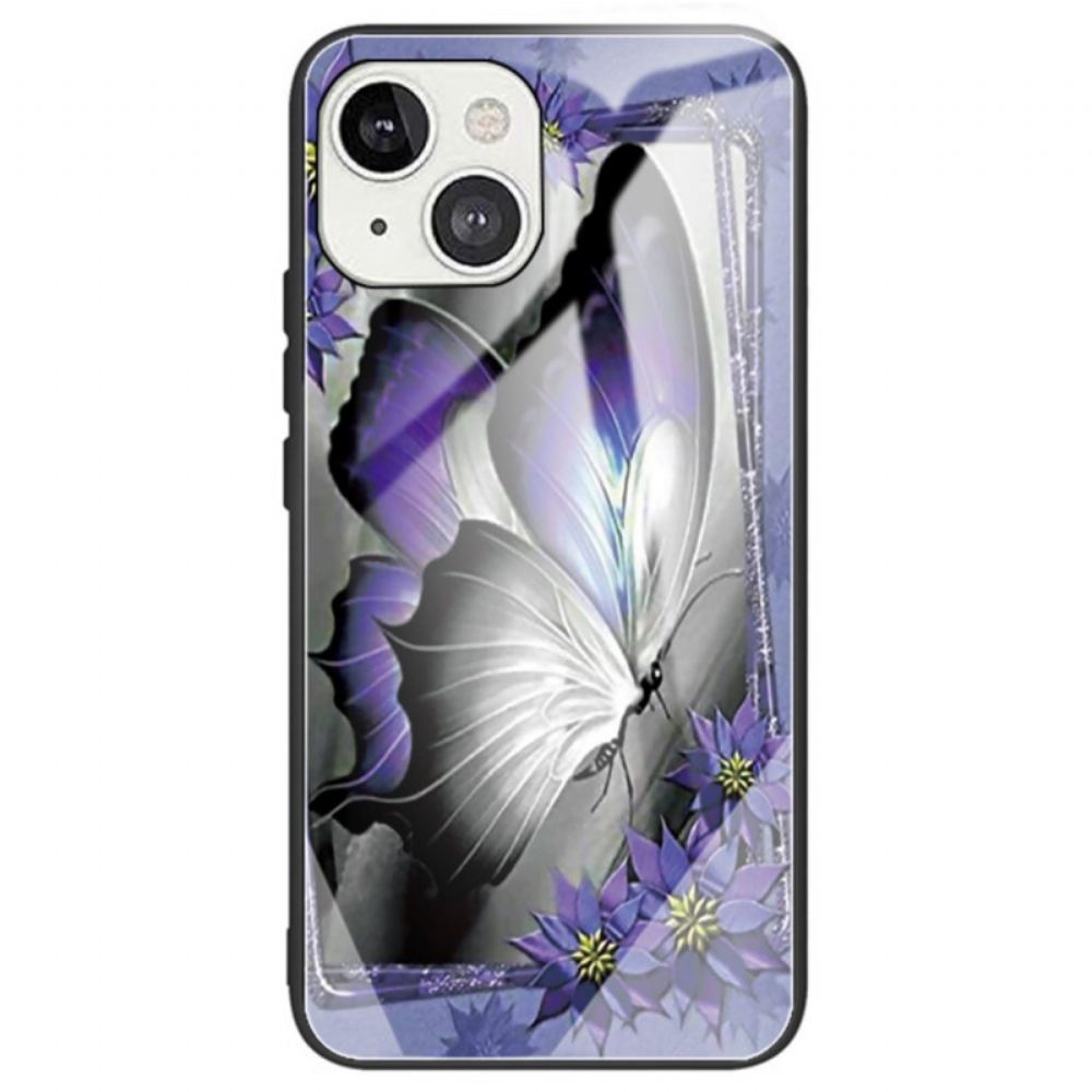 Kryty Na Mobil Na iPhone 14 Fialové Tvrzené Sklo Butterfly