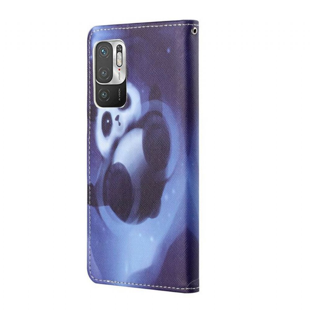 Kožené Pouzdro Na Xiaomi Redmi Note 10 5G Na Lana Panda Space S Lanyardem