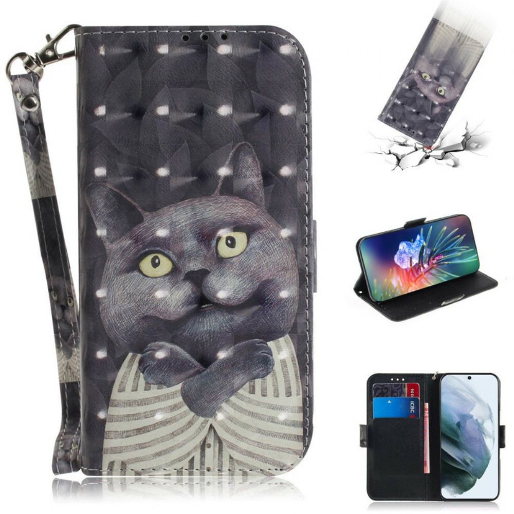 Kožené Pouzdro Na Samsung Galaxy S21 FE Na Lana Šedá Strappy Cat