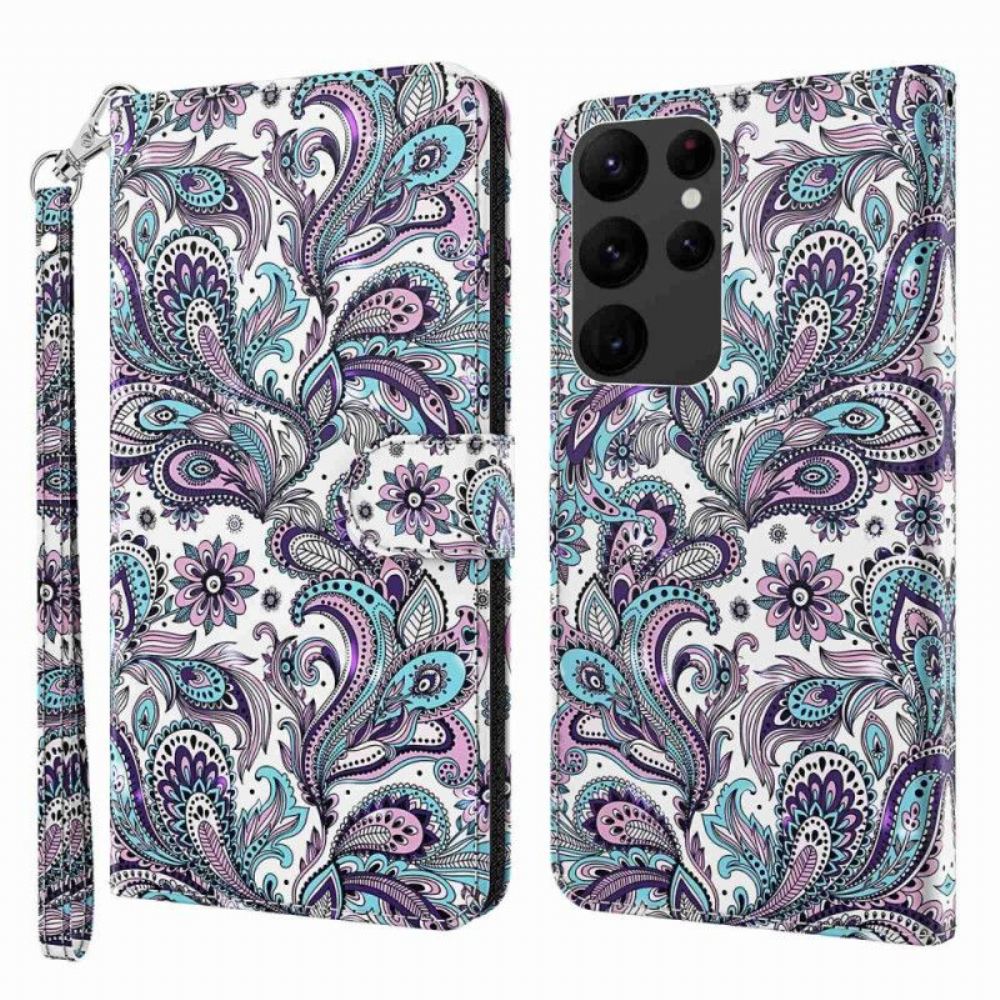 Flipové Pouzdro Na Samsung Galaxy S23 Ultra 5G Na Lana Strappy Paisley Vzor