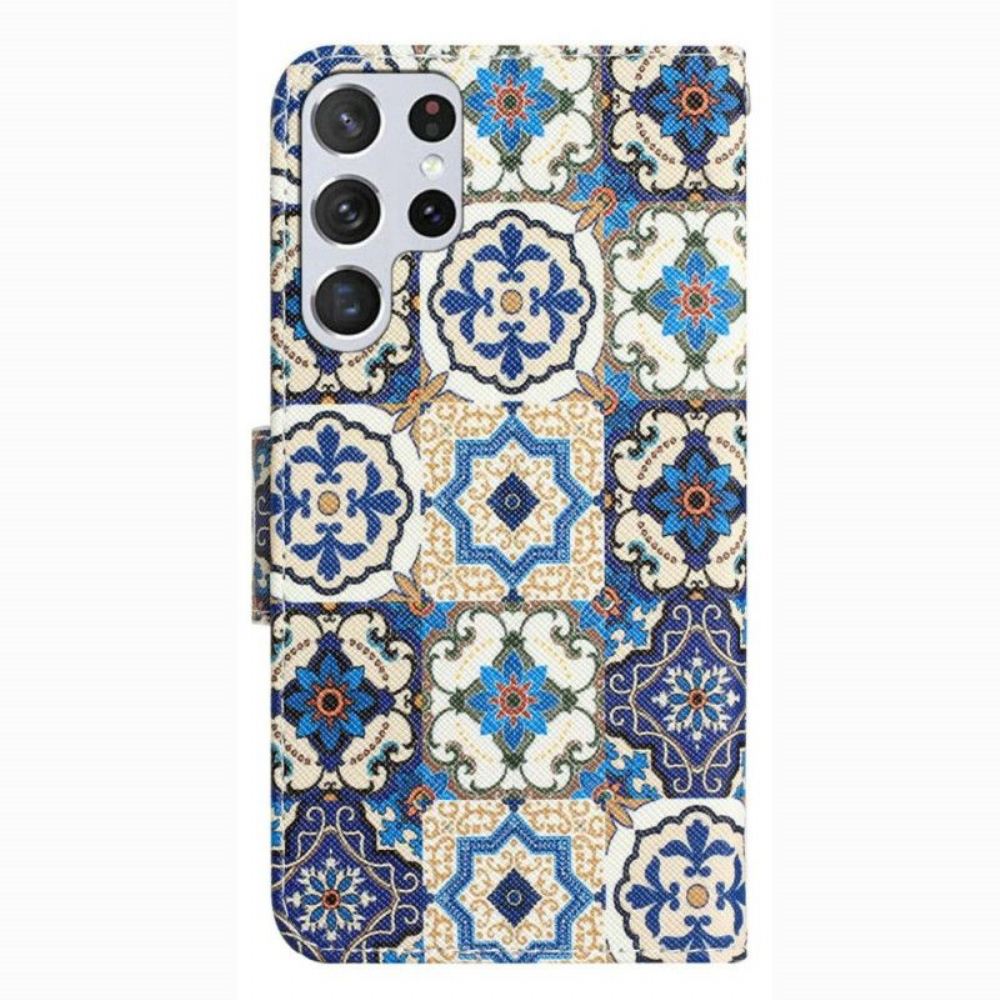 Kožené Pouzdro Na Samsung Galaxy S23 Ultra 5G Na Lana Patchwork Na Řemínku