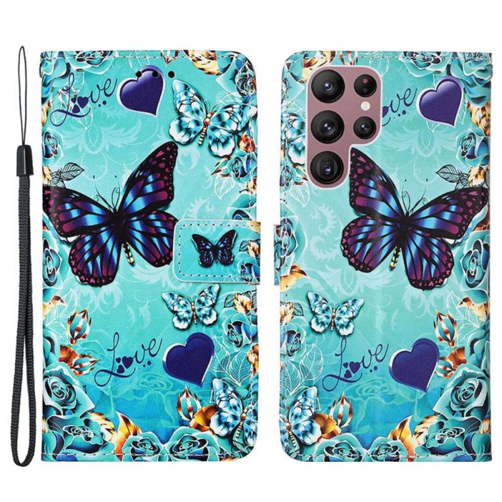 Kožené Pouzdro Na Samsung Galaxy S23 Ultra 5G Na Lana Tanga Butterflies