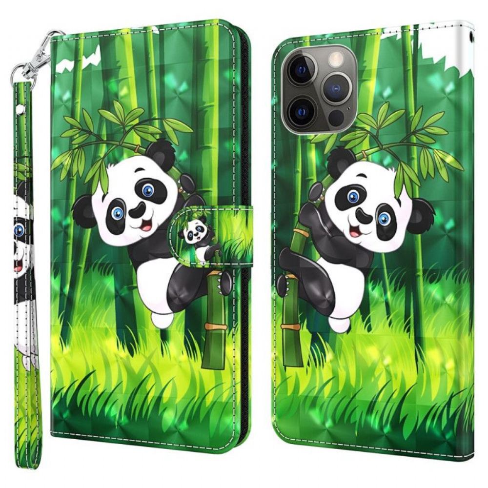 Flipové Pouzdro Na iPhone 15 Pro Na Lana 3d Bambusová Panda S Popruhem