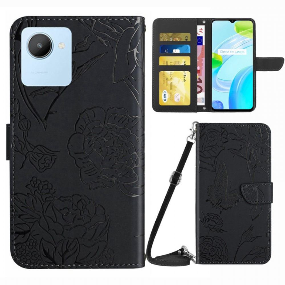 Flipové Pouzdro Na Realme C30 Popruh Na Rameno Butterfly Flowers