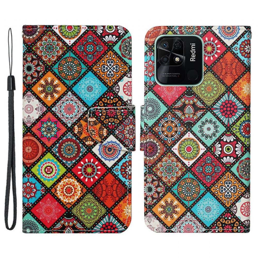 Kožené Pouzdro Na Xiaomi Redmi 10C Na Lana Patchwork S Řemínky