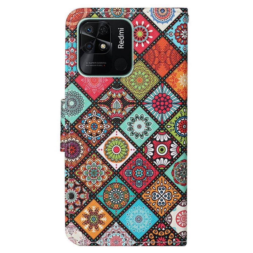 Kožené Pouzdro Na Xiaomi Redmi 10C Na Lana Patchwork S Řemínky