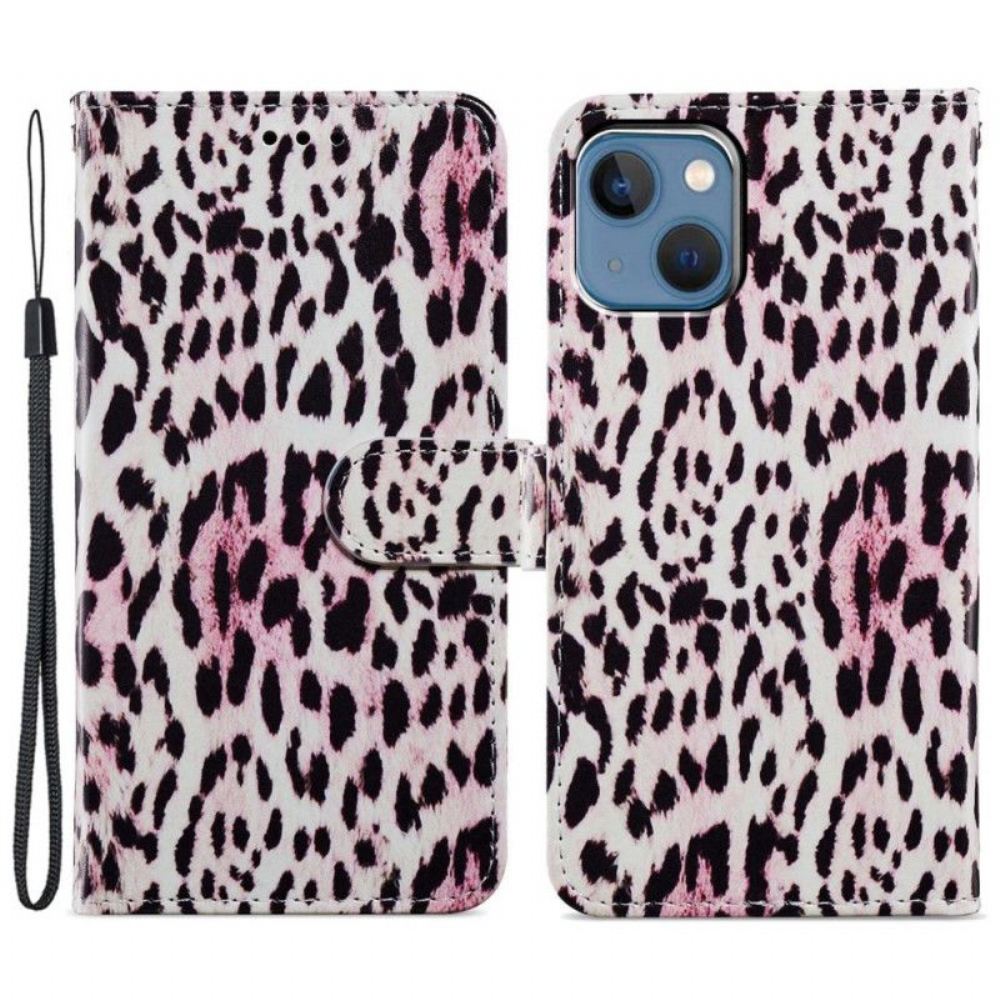 Flipové Pouzdro Na iPhone 15 Na Lana Design Leopardí Kůže S Páskem