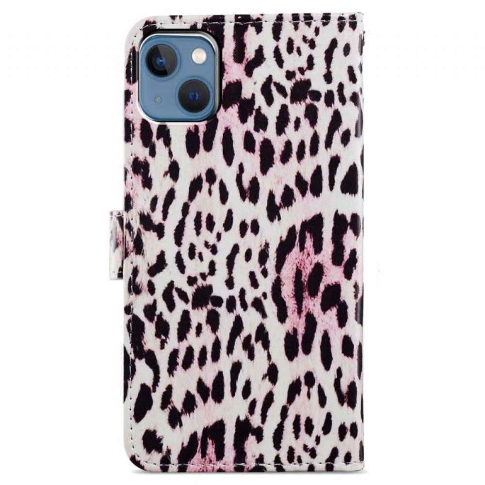 Flipové Pouzdro Na iPhone 15 Na Lana Design Leopardí Kůže S Páskem