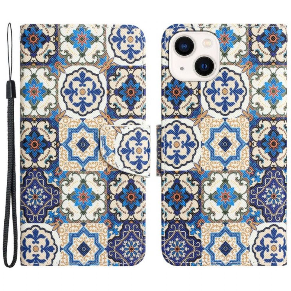 Flipové Pouzdro Na iPhone 15 Na Lana Modrý Patchwork S Popruhem