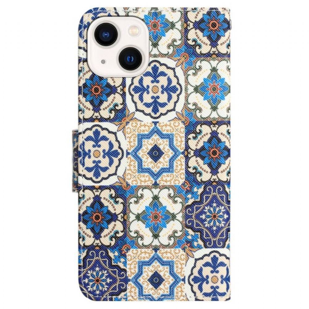 Flipové Pouzdro Na iPhone 15 Na Lana Modrý Patchwork S Popruhem