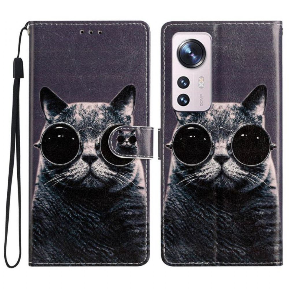 Kožené Pouzdro Na Xiaomi 12 Lite Na Lana Brýle Cat Strappy