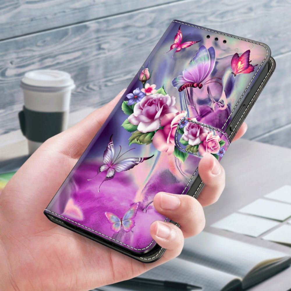 Kožený Kryt Xiaomi Redmi Note 13 5g Fialoví Motýli A Květiny