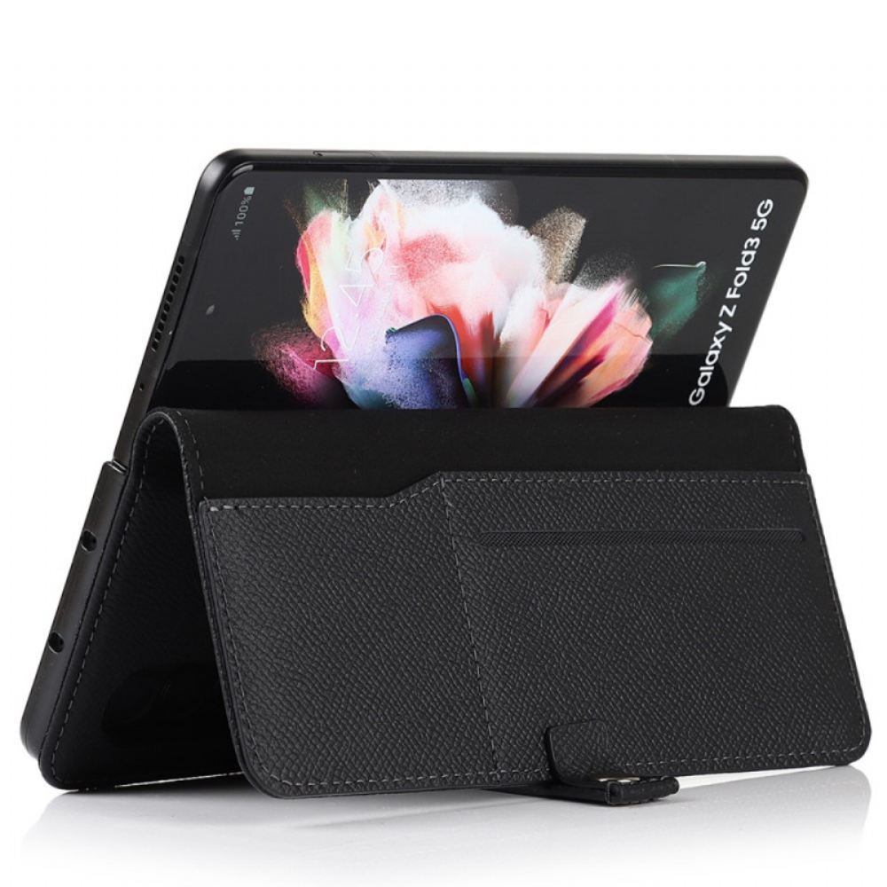 Flipové Pouzdro Na Samsung Galaxy Z Fold 3 5G Držák Doteku A Řemínek Z Pravé Kůže