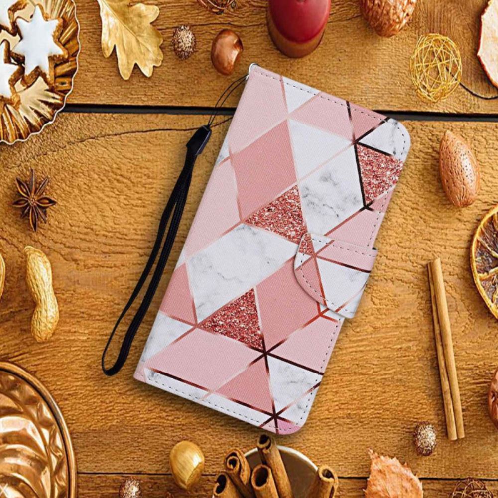 Kožený Kryt Xiaomi Redmi Note 13 4g Růžový Mramor A Zlatý Řemínek