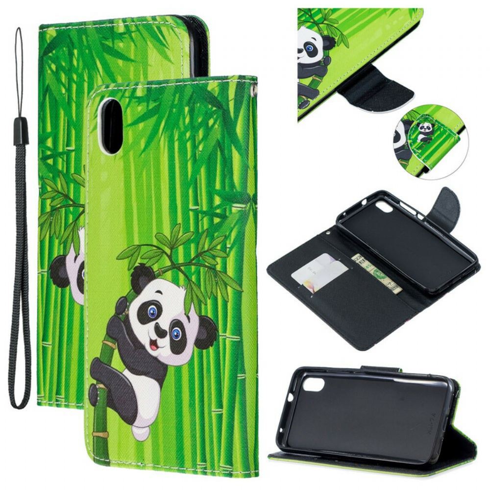 Kožené Pouzdro Na Xiaomi Redmi 7A Na Lana Panda Na Bambusovém Popruhu