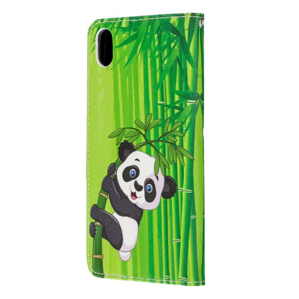 Kožené Pouzdro Na Xiaomi Redmi 7A Na Lana Panda Na Bambusovém Popruhu