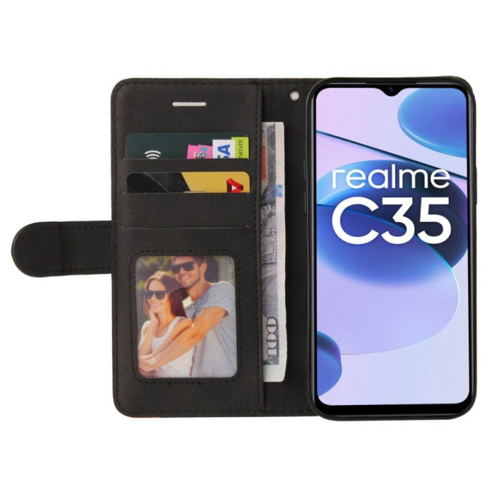 Flipové Pouzdro Na Realme C35 Na Lana Dvoubarevné Čáry S Páskem