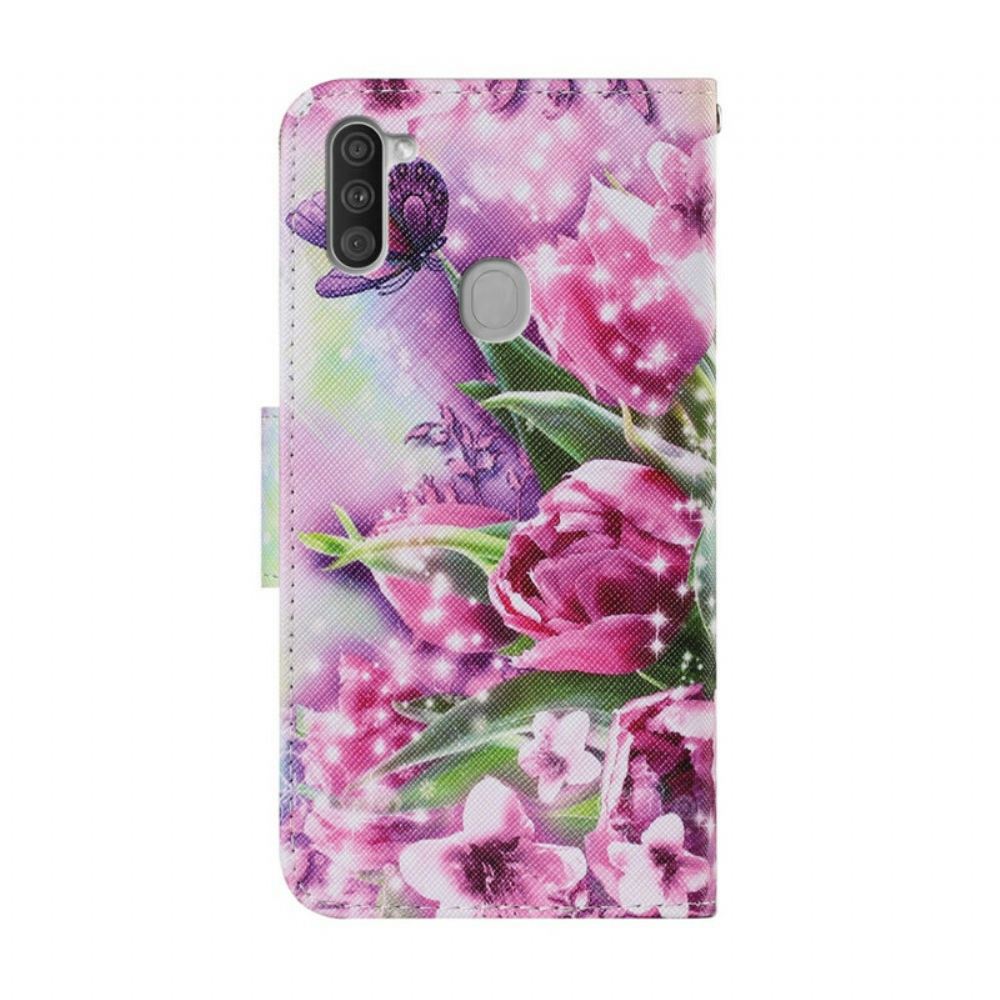 Flipové Pouzdro Na Samsung Galaxy M11 Motýli A Tulipány