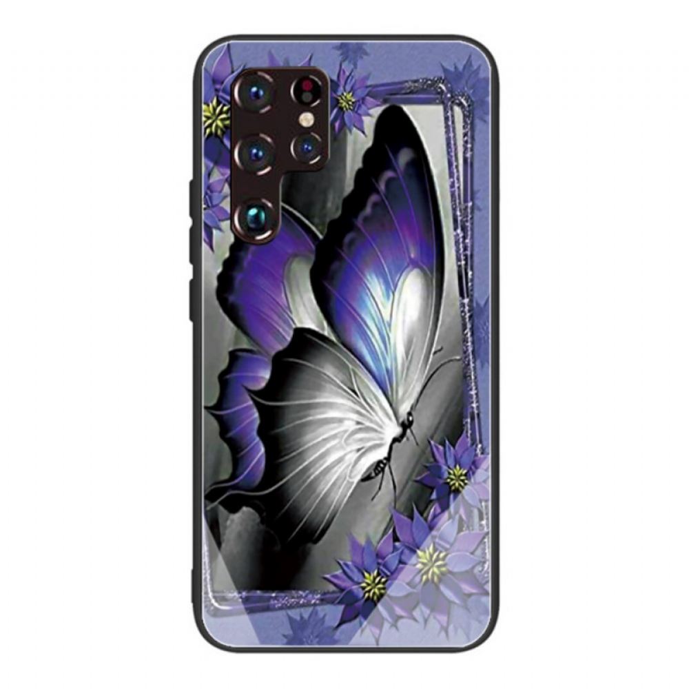 Kryty Na Mobil Na Samsung Galaxy S22 Ultra 5G Fialové Tvrzené Sklo Butterfly