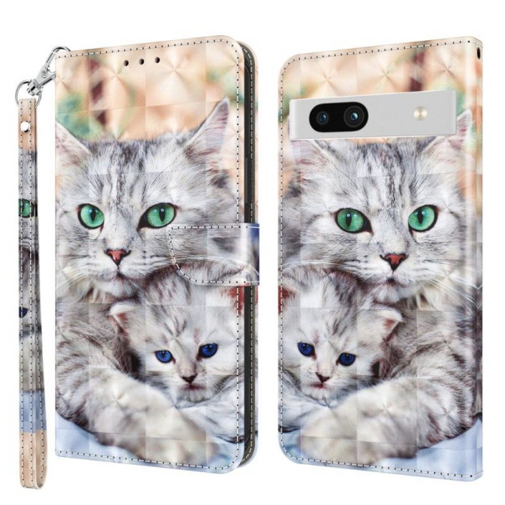 Flipové Pouzdro Na Google Pixel 7A Na Lana Strappy Cat Family